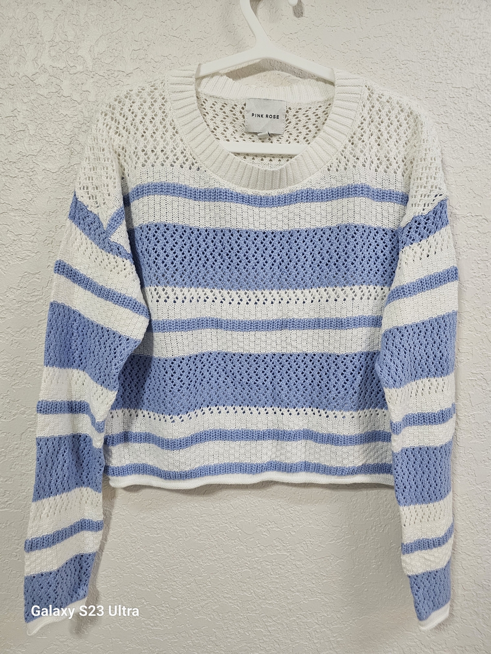 Pink Rose Women's Blue & White Striped Open-Knit Sweater